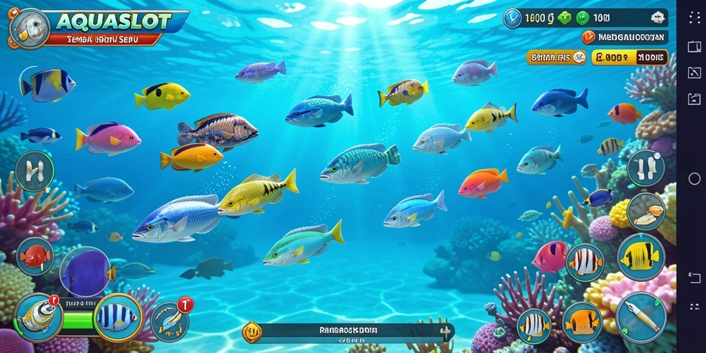 Screenshot gameplay <strong>AQUASLOT</strong> menunjukkan aksi tembak ikan yang seru dan menegangkan.