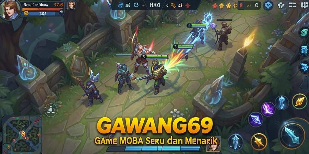 Tampilan apik dari gameplay seru GAWANG69 dalam pertempuran MOBA.