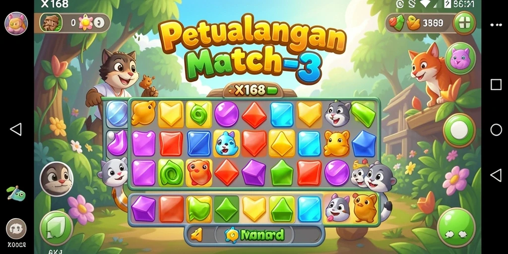 Tangkapan layar utama X168 menampilkan aksi seru gameplay Match-3 yang menantang.